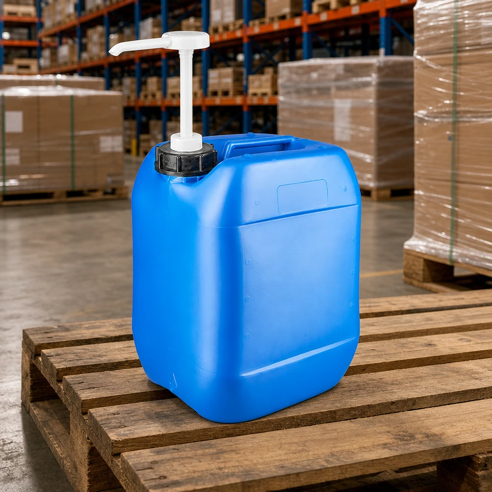 Draagbare blauwe jerrycan van 10 liter met ergonomische handgreep en handige doseerpomp