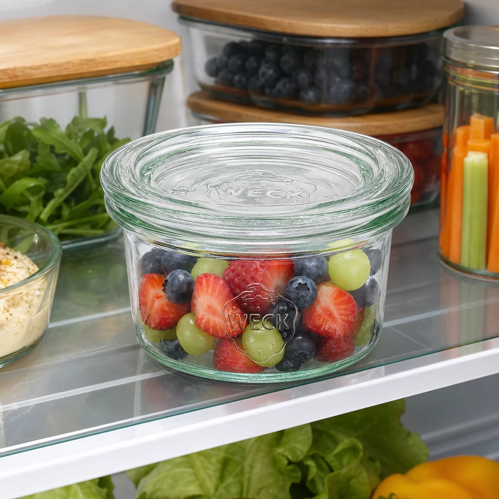 WECK bekers 50ml met bessenmix in de koelkast voor het vers bewaren van fruit en etenswaren