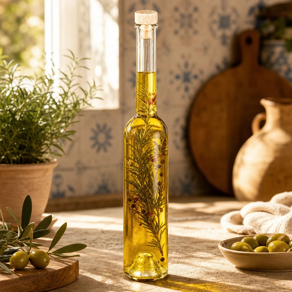 100ml glazen fles Hugo gevuld met kruidenolie uit de mediterrane keuken met olijven rozemarijn en terracotta decoratie