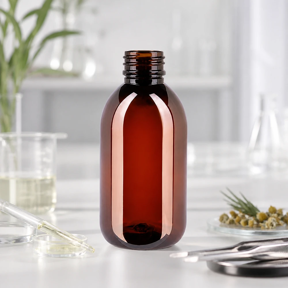 PET fles 250ml met bruine dop standaard Stabile PET Flasche 250ml in Bernsteinoptik mit Standardverschluss für pharmazeutische Produkte