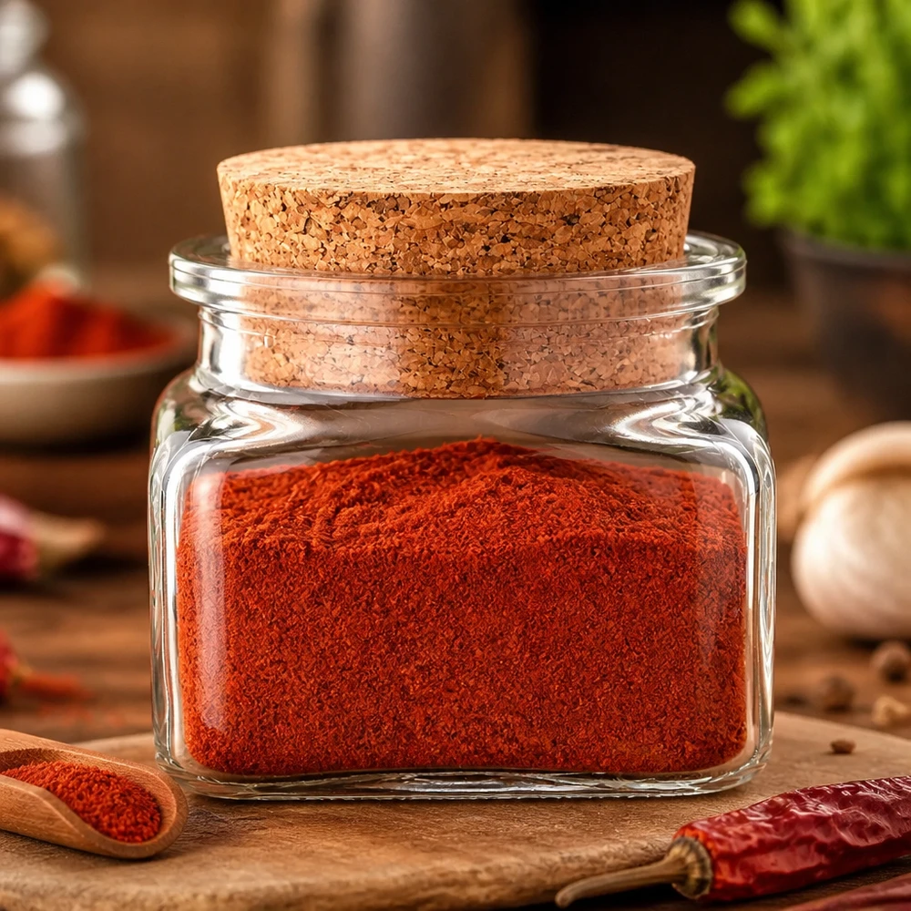 Klein kruidenpotje van 120 ml, vierkant, met kurken deksel en pittig rood chilipoeder
