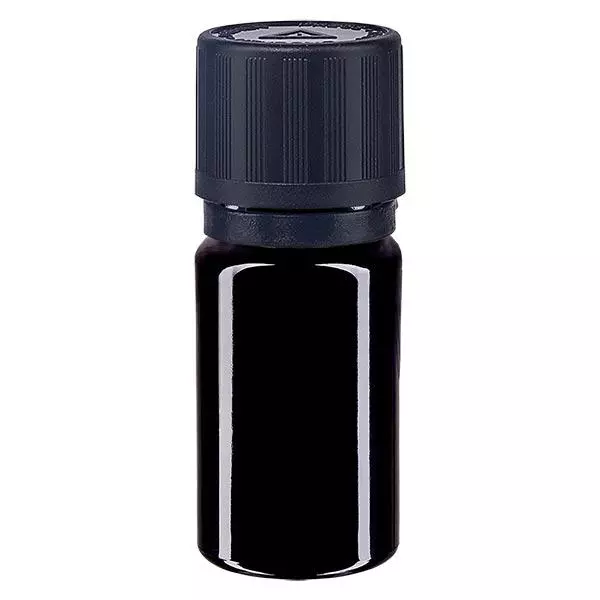 Violetglas fles 5ml DIN 18 zwart druppelsluiting kinderslot Bliwa. VR Violetglas fles 5ml DIN 18 zwart druppelsluiting kinderslot Bliwa. VR