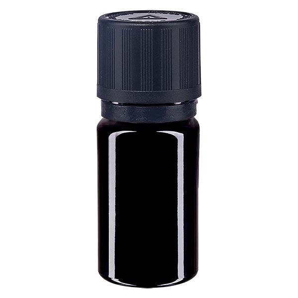 Violetglas fles 5ml DIN 18 zwart druppelsluiting kinderslot Bliwa. VR Violetglas fles 5ml DIN 18 zwart druppelsluiting kinderslot Bliwa. VR
