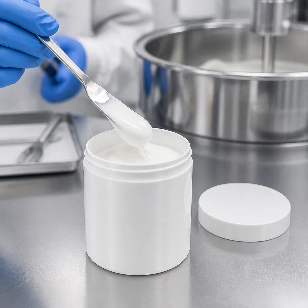 Zalfpot 30 g wit met schroefdeksel wit (PP) Professionele afvulling van zalf in witte PP-potjes van 30 g met spatel in een farmaceutische fabriek