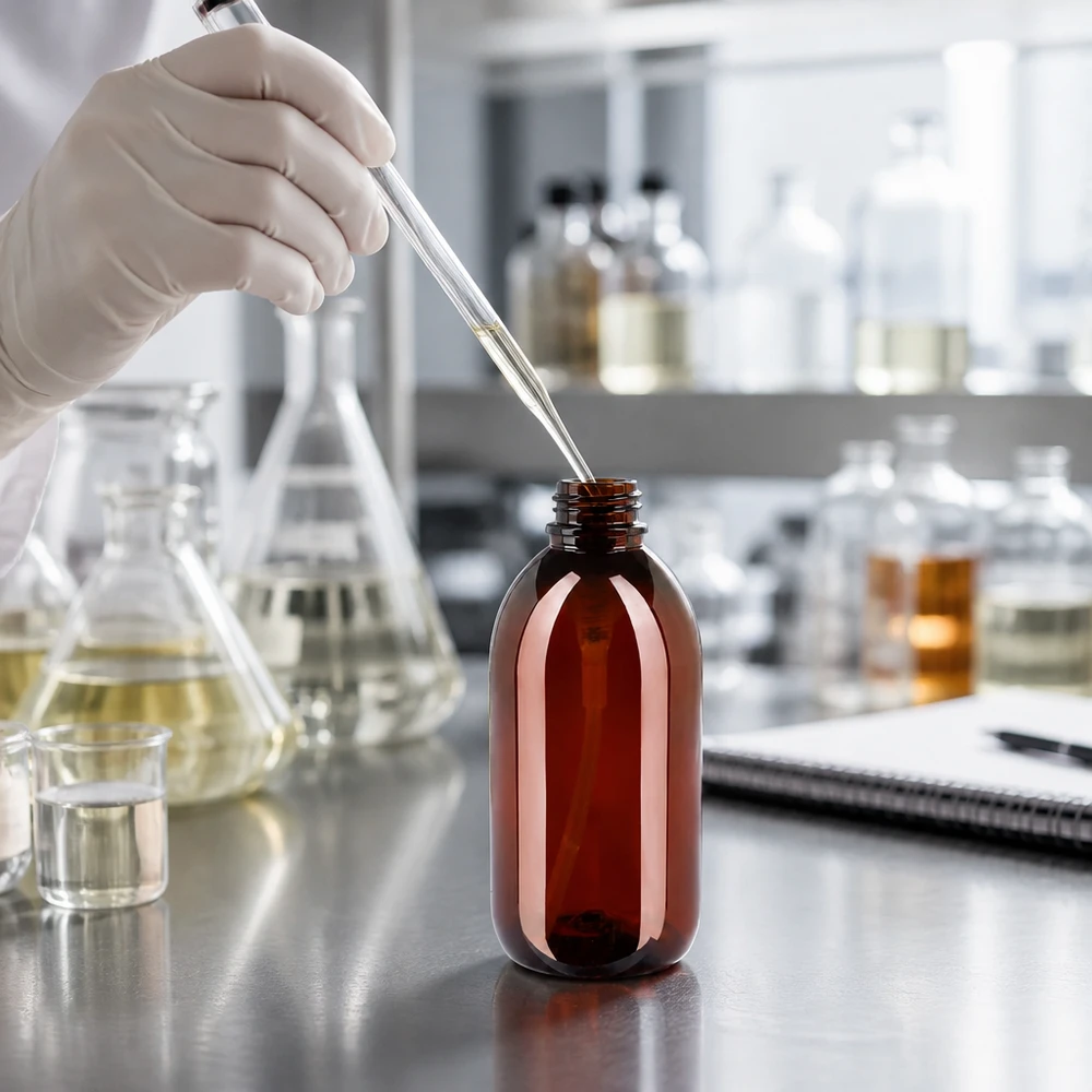 Het vullen van een bruine PET-apothekersfles van 250 ml met doseerpomp in een cleanroom
