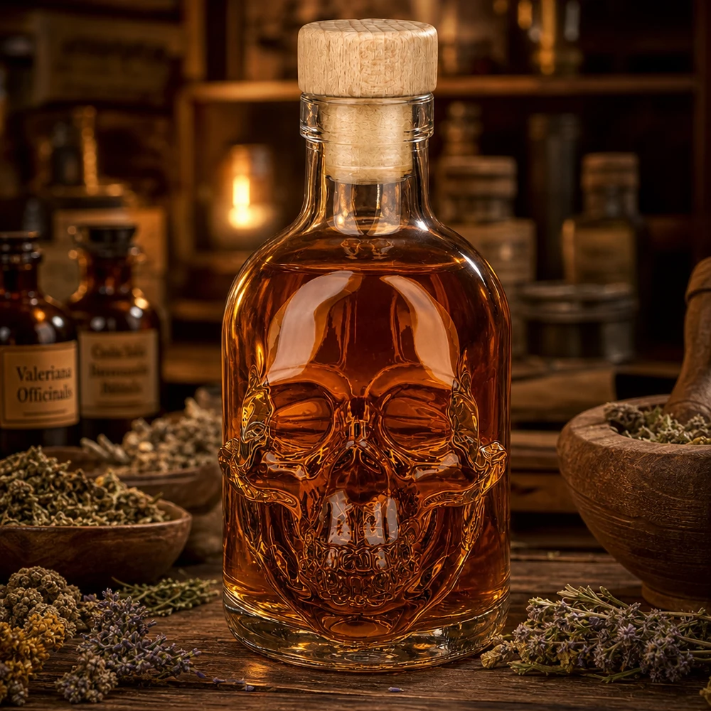 Apothekerssfeer met 200 ml glazen fles met doodshoofd Jack, kruiden en amberkleurige vloeistof op houten tafel