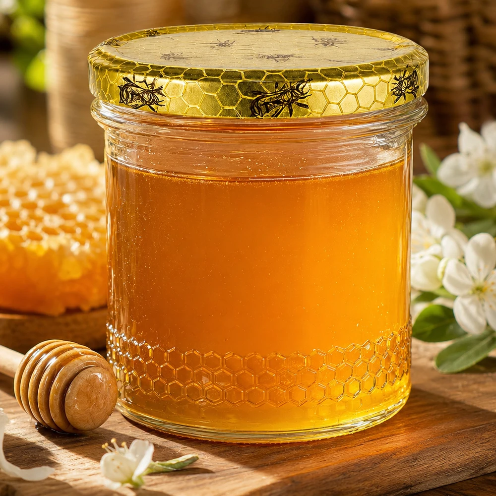 Honingpot 560 g met honingraatmotief-deksel BasicSeal UNiTWIST Gouden honingpot 400ml met BasicSeal honingraatdeksel, houten honinglepel en bloemen op een rustieke houten tafel