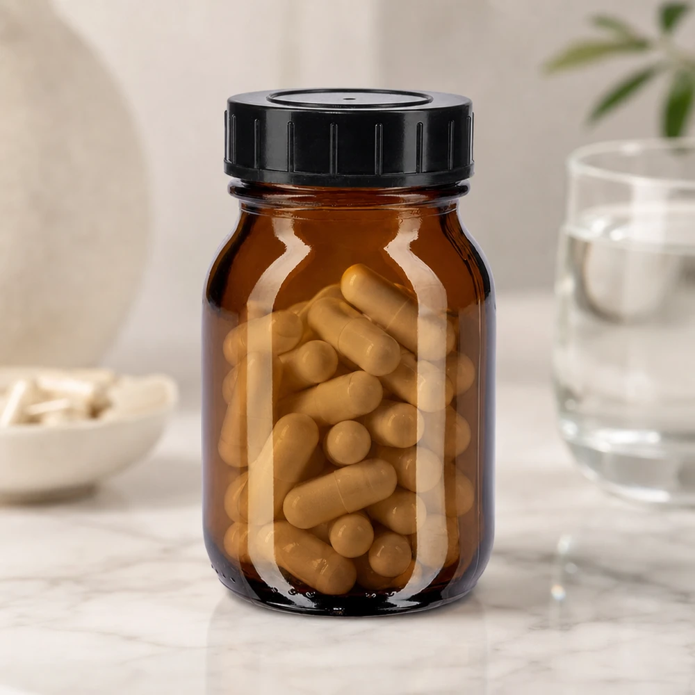 75ml amberkleurig glazen flesje met wijde hals en schroefdop Hoogwaardige amberkleurige glazen fles van 75 ml met schroefdop voor het optimaal bewaren van voedingssupplementen