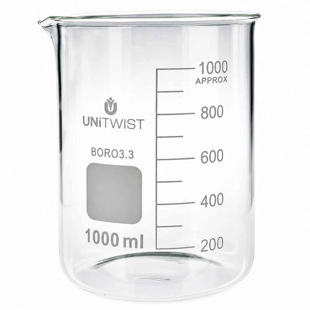 Doorzichtig borosilicaat bekerglas van 1000 ml met opschrijfvlak en milliliterschaal