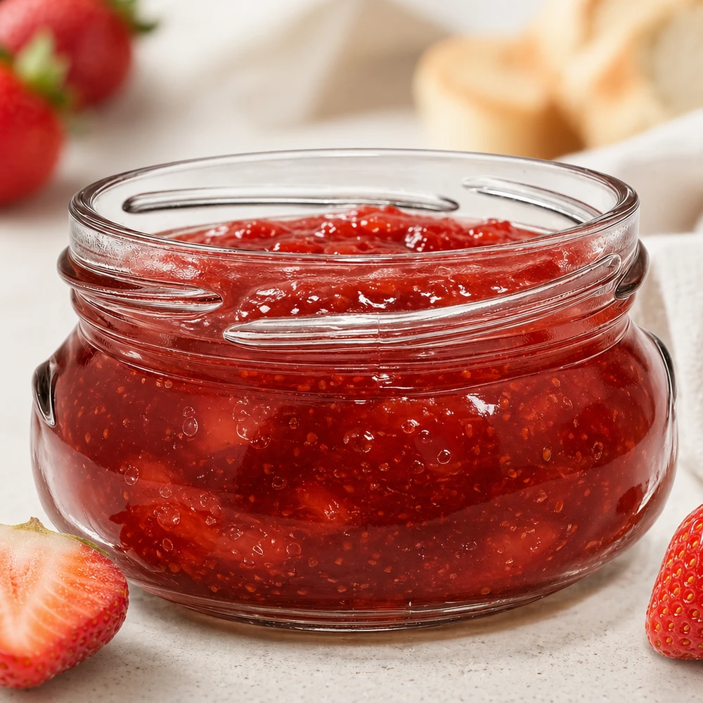 120ml terrine zonder deksel (TO70) UNiTWIST UNiTWIST Terrina120 terrine pot 120ml TO70 gevuld met rode aardbeienjam naast verse aardbeien