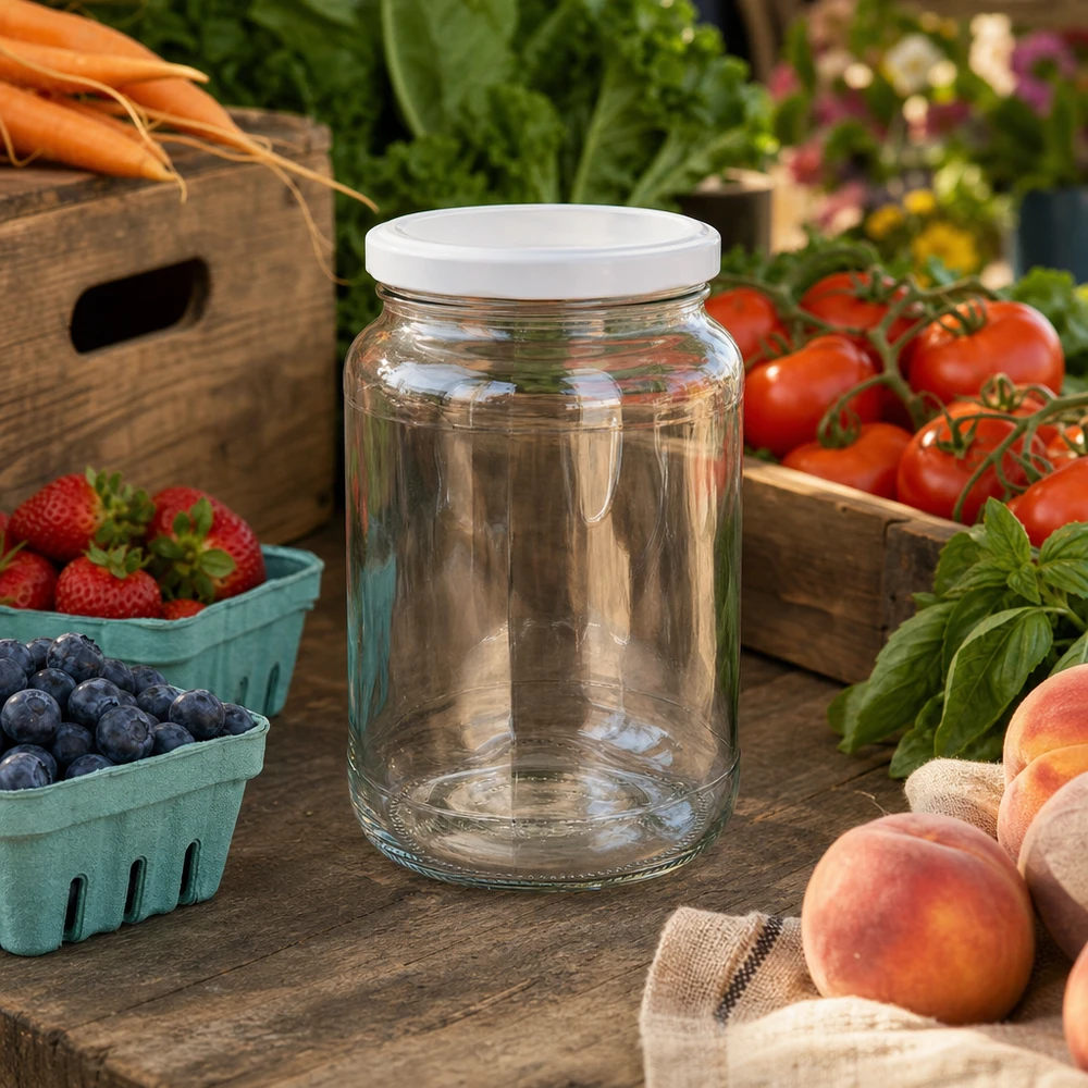 1700 ml BasicSeal witte ronde pot op marktkraam met verse tomaten aardbeien perziken toont veelzijdigheid