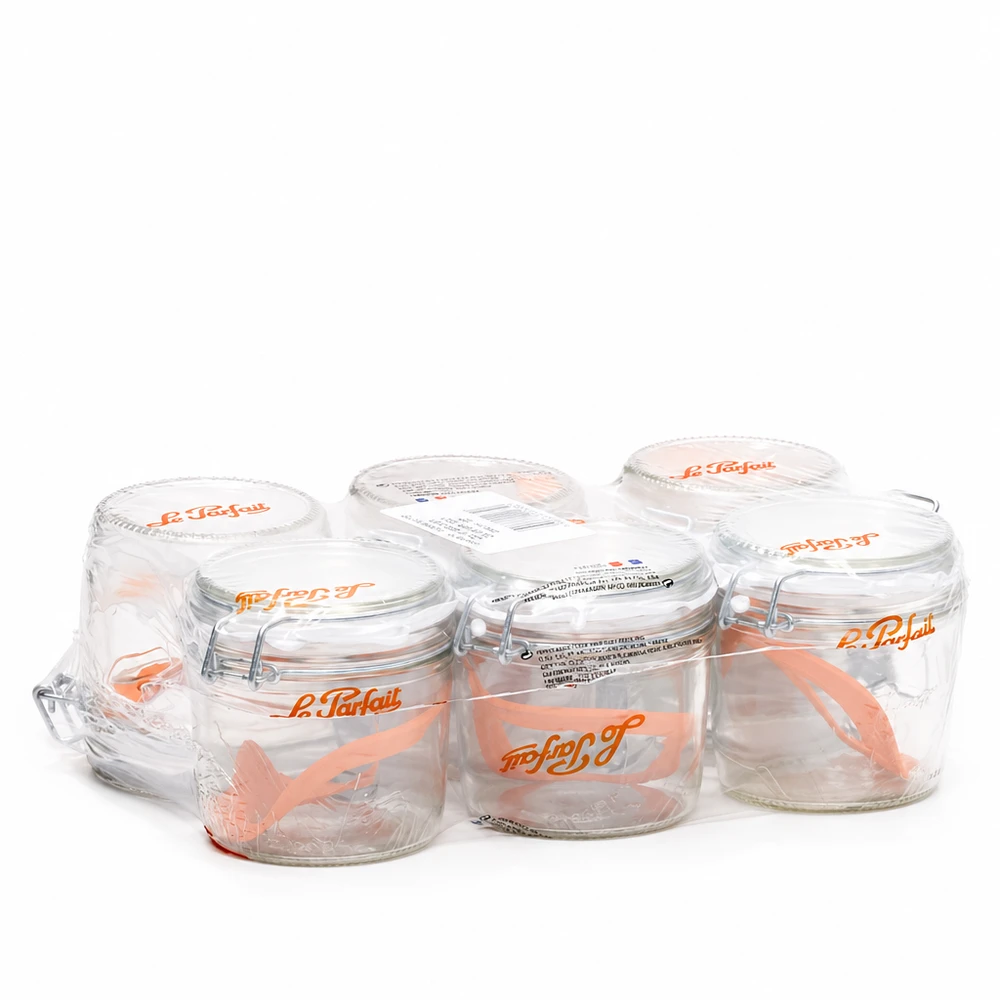 415ml Familia Wiss bekers met 2-delig dekselsysteem van Le Parfait in een set van 6 in kunststof verpakking