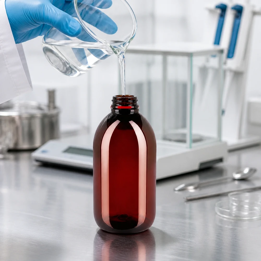 Bruine PET-fles met smalle hals van 250 ml bij het afvullen van ultrapuur water met een blauwe laboratoriumhandschoen