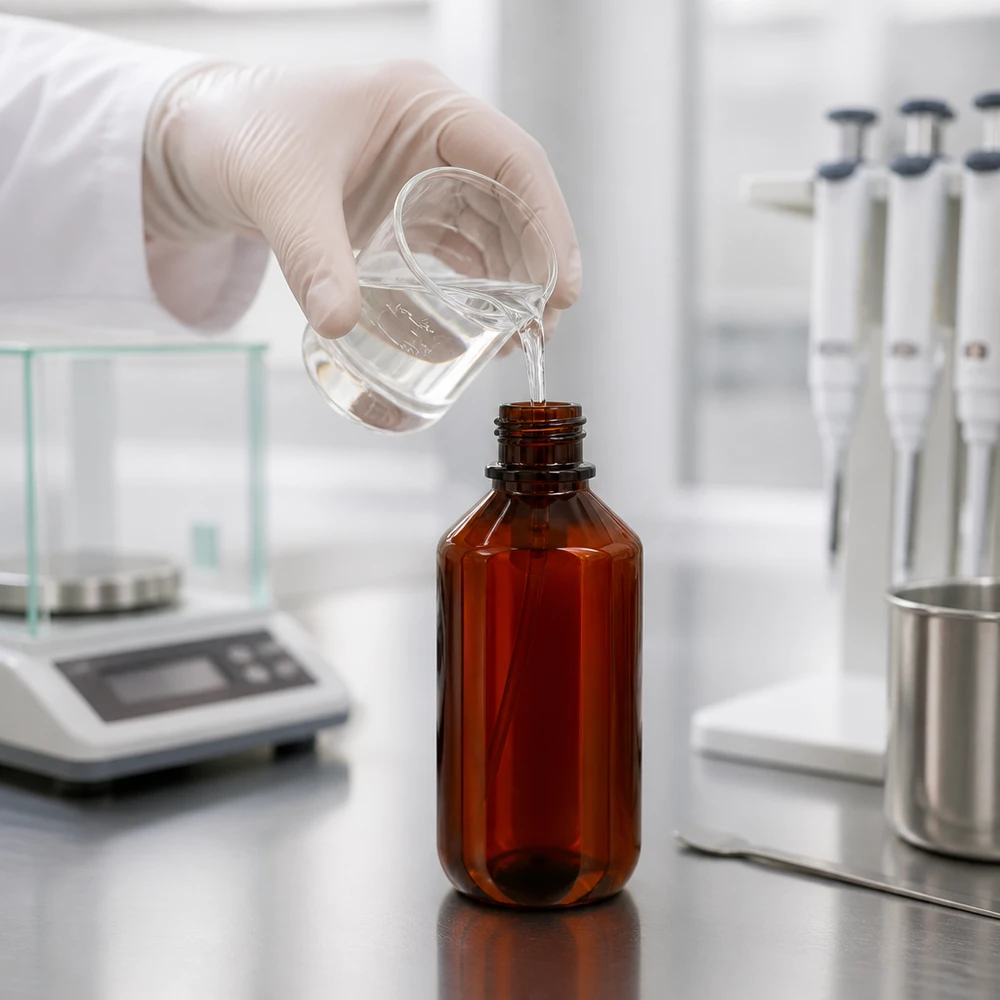 PET-fles 200ml met dispenserpomp zwart Een donkere PET-fles van 200 ml met pompdispenser wordt in het laboratorium gevuld met een transparante vloeistof