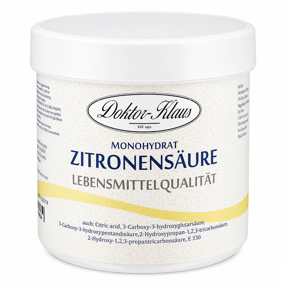 250 g citroenzuur, E330, levensmiddelkwaliteit 250g citroenzuur Doktor-Klaus in een wit blik voor keuken en huishouden