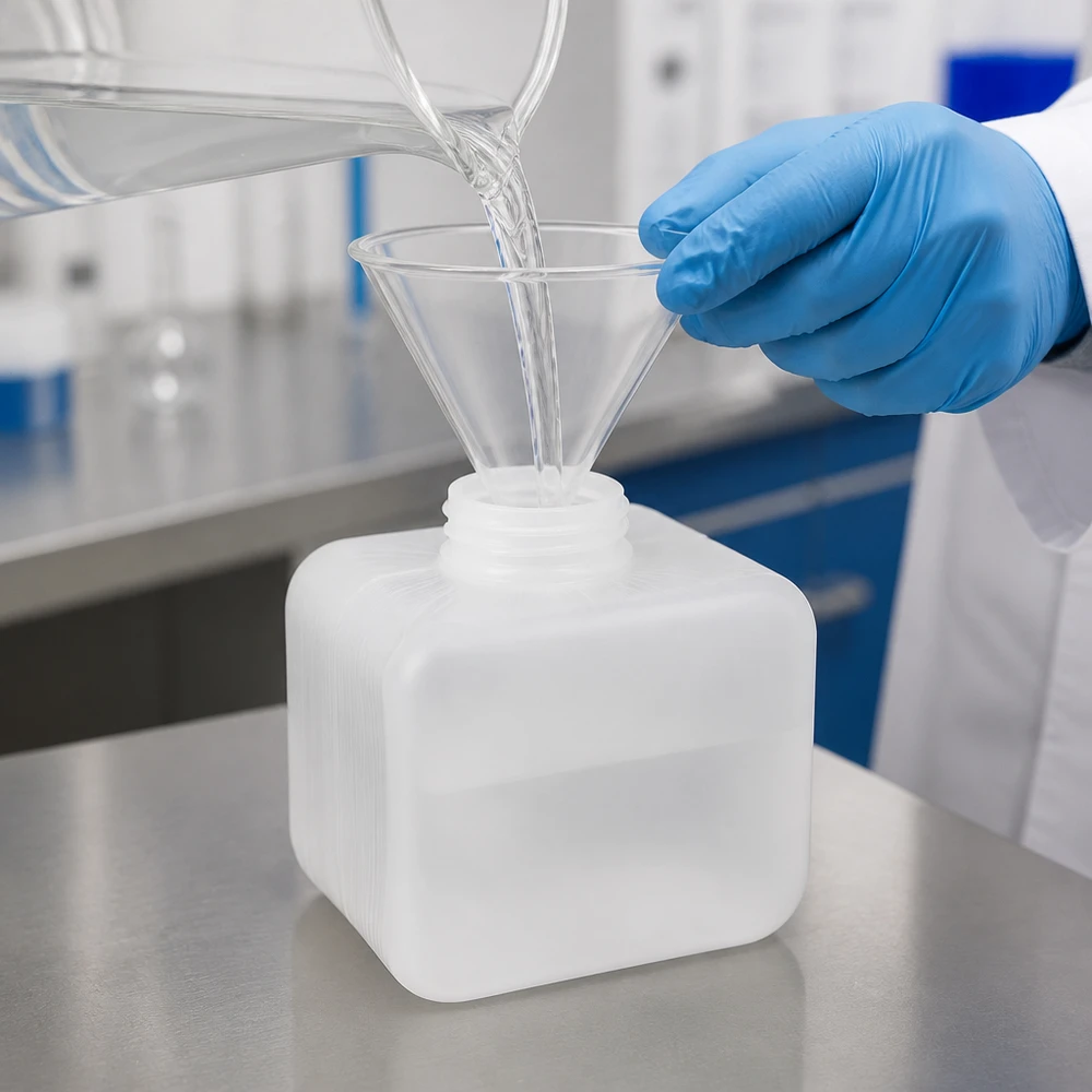 PE-HD-fles met smalle hals, 250 ml, natuurkleurig, transparant, met trechter, voor het vullen, chemielaboratorium, roestvrij staal