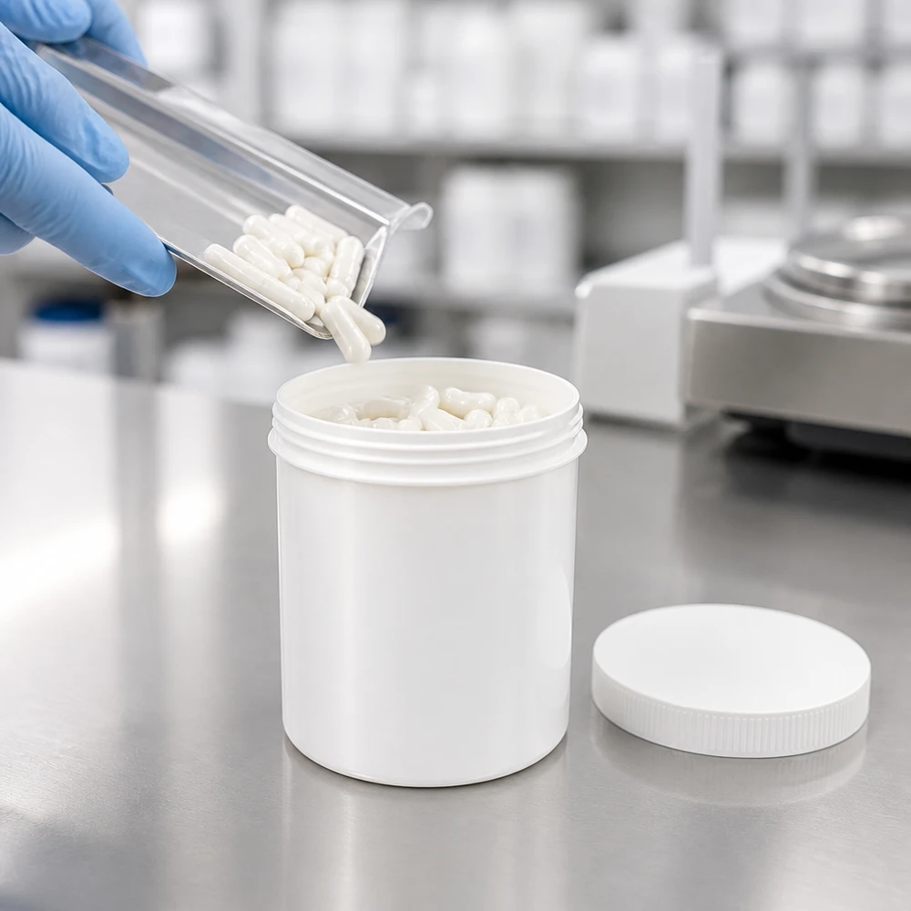 Zalfpot 250 g wit met schroefdeksel wit (PP) Grote witte kunststof pot van 250 g met schroefdeksel voor het afvullen van capsules in een cleanroom