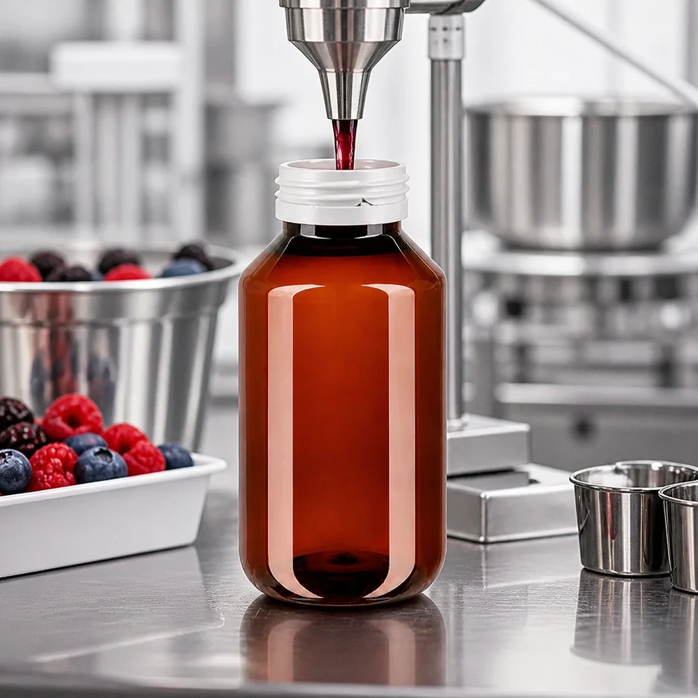 PET fles 50ml met witte verzegelstop, geribbeld Industriële afvulling van vruchtensiroop in bruine flesjes van 50 ml met een witte dop