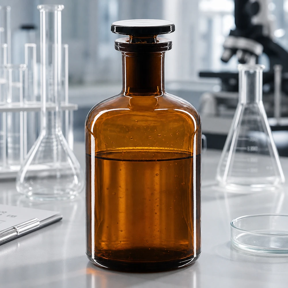 Compacte laboratoriumfles van 100 ml met smalle hals en glazen stop, vervaardigd uit duurzaam bruin borosilicaatglas