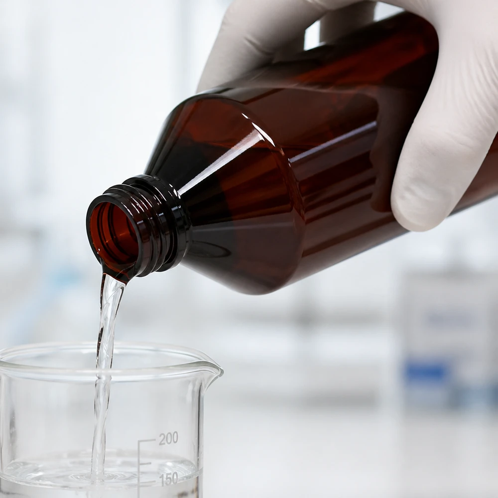 Een laboratoriummedewerker vult een bruine PET-fles met brede hals met een heldere chemische stof