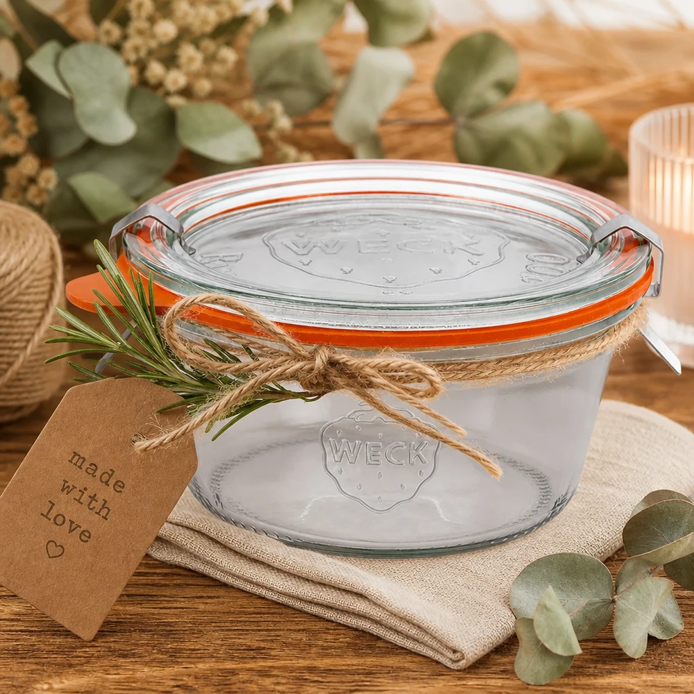 WECK beker 290ml RR100 als cadeau-idee versierd met jute touw rozemarijn en Made with Love hanger