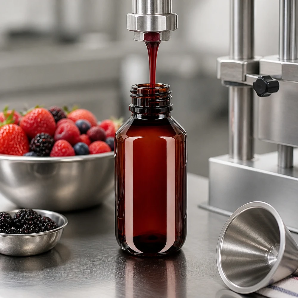 50 ml PET medicijnfles met verstuiver zwart GCMI 28/410 incl. dop transparant, standaard Compacte ronde PET-fles van 100 ml voor natuurextracten naast verse bessen in het laboratorium