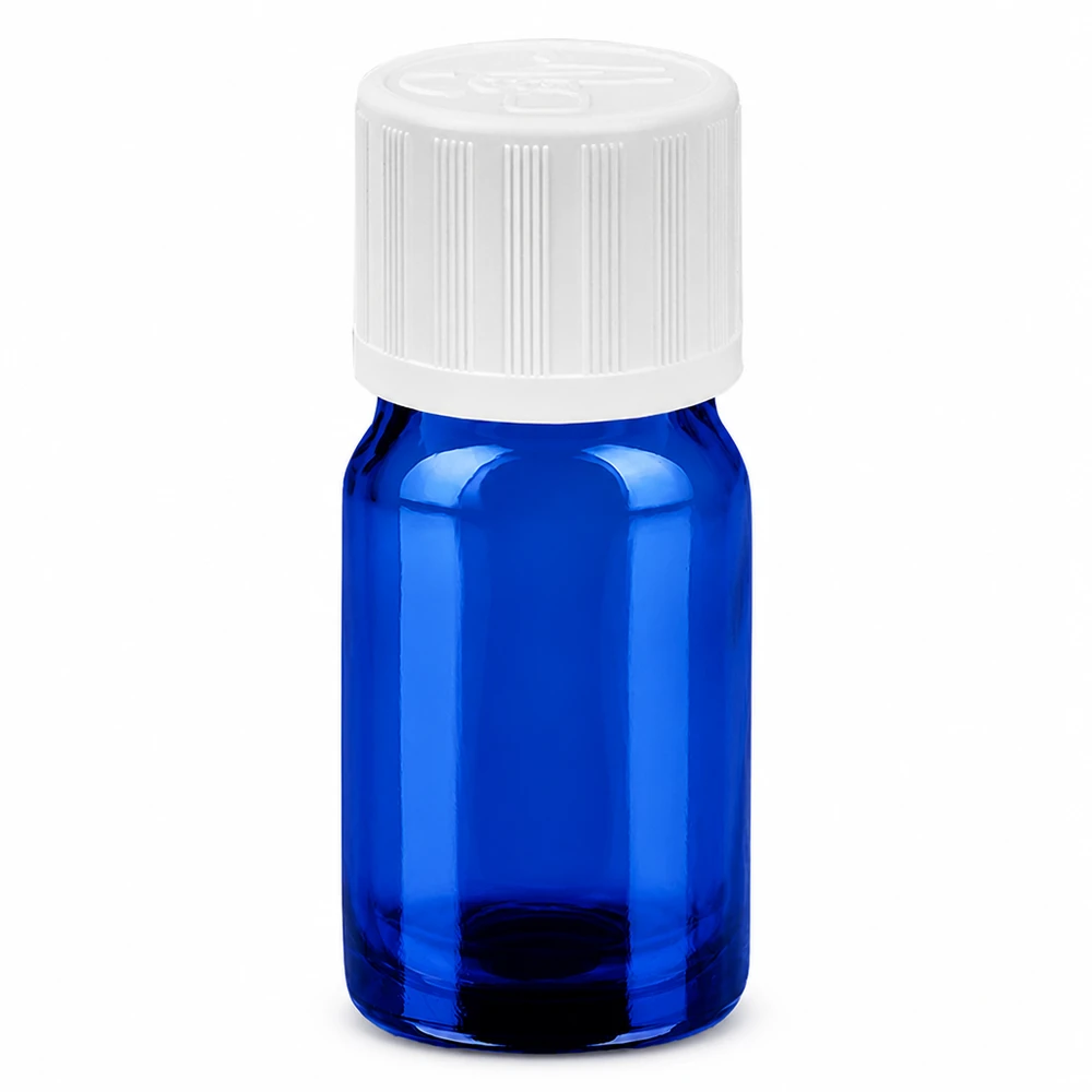 Cilindrisch 5ml flesje van blauw glas met gegroefde dop voor eenvoudig gebruik