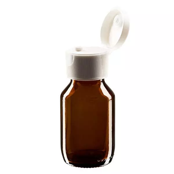50ml Euro-medicijnfles / siroopfles bruin met witte klapsluiting 50ml Euro-medicijnfles / siroopfles bruin met witte klapsluiting