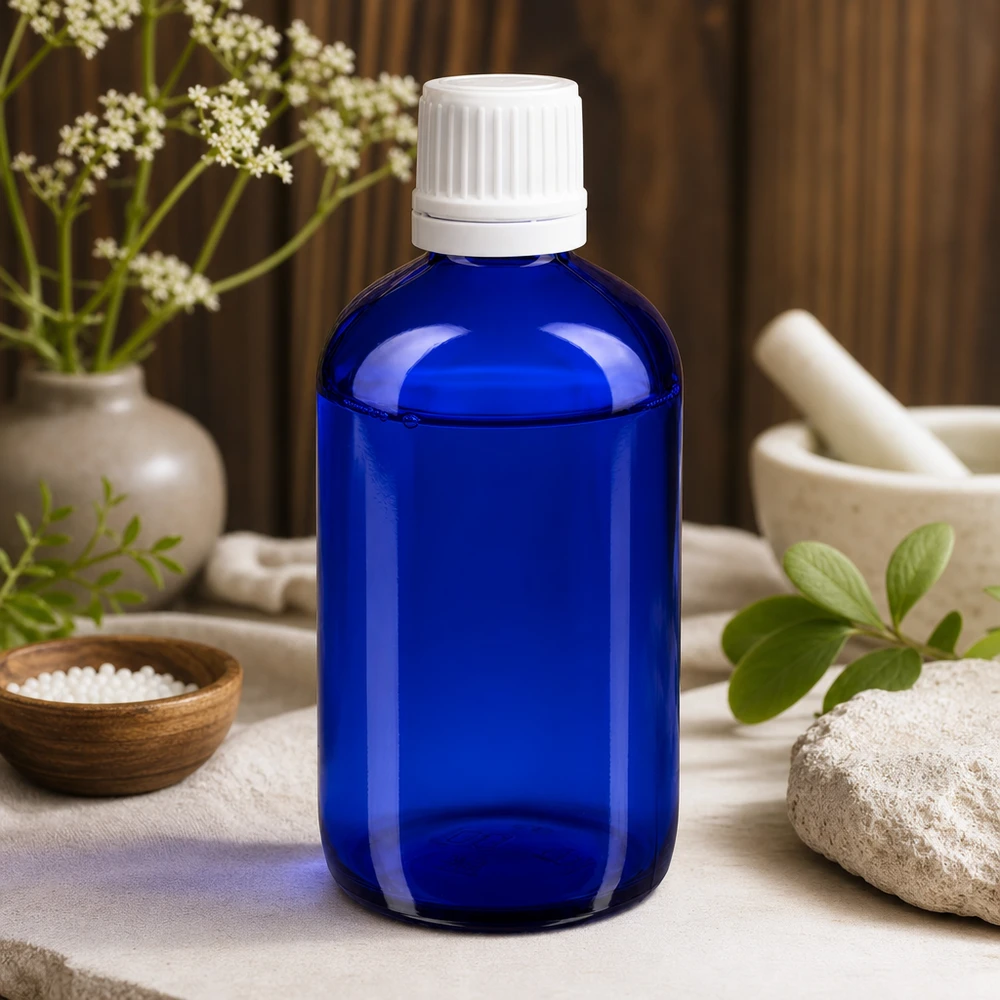 Hoogwaardige glazen fles, kobaltblauw, 20 ml, standaard druppelaar, witte veiligheidsdop, natuurgeneeskunde