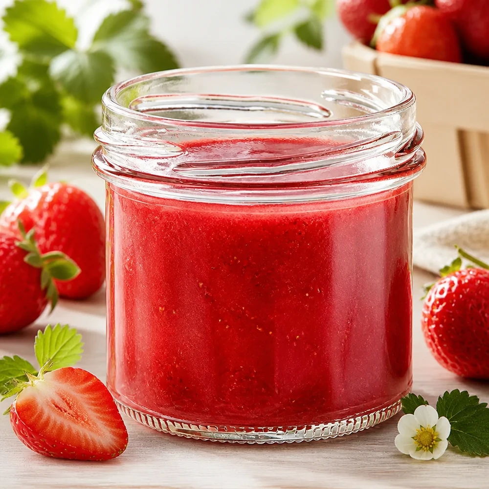 UNiTWIST Sturz125 125 ml voorraadpot TO66 met zelfgemaakte aardbeienjam naast aardbeienbloesem
