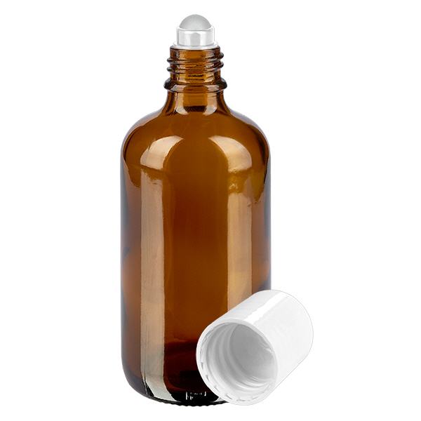 Apothekersflesje bruin 100ml roll-on cap wit Apothekersflesje bruin 100ml roll-on cap wit