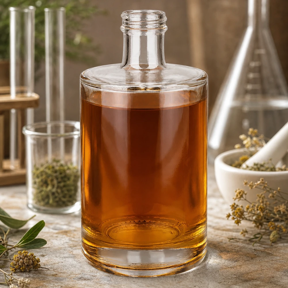 500 ml glazen fles Sam zonder schroefdop UNiTWIST® 500ml Glasflasche Sam mit bernsteinfarbener Flüssigkeit Labor-Atmosphäre Kräuter Mörser Reagenzgläser Apotheker-Stil