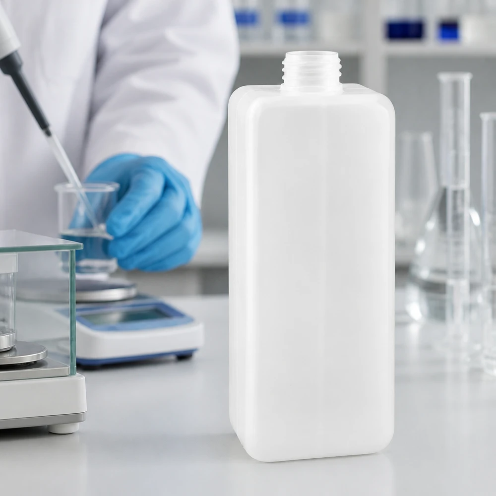 Een laboratoriummedewerker pipetteert naast een witte PE-HD-fles voor chemicaliën van 1000 ml met smalle hals, GL 32