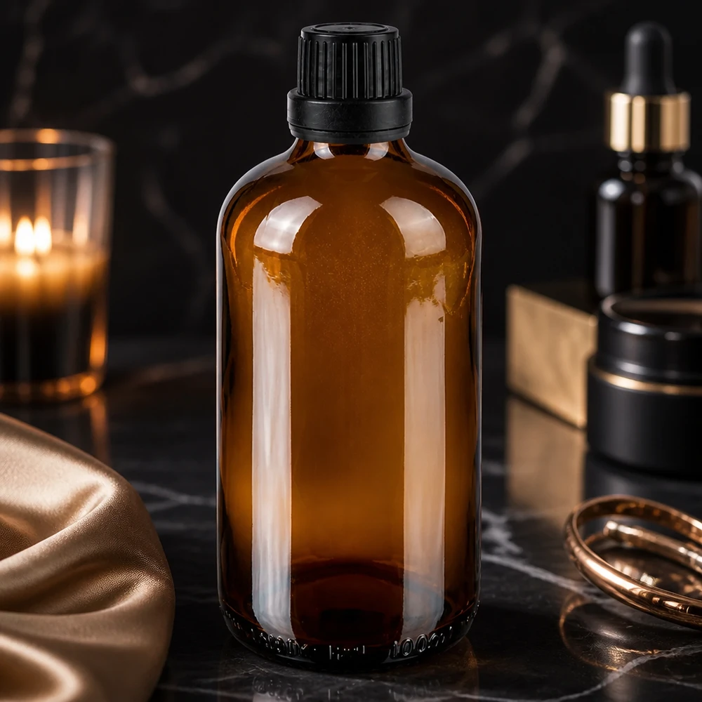 Lichtbeschermende bruine glazen fles van 100 ml met OV-sluiting voor oliën en tincturen