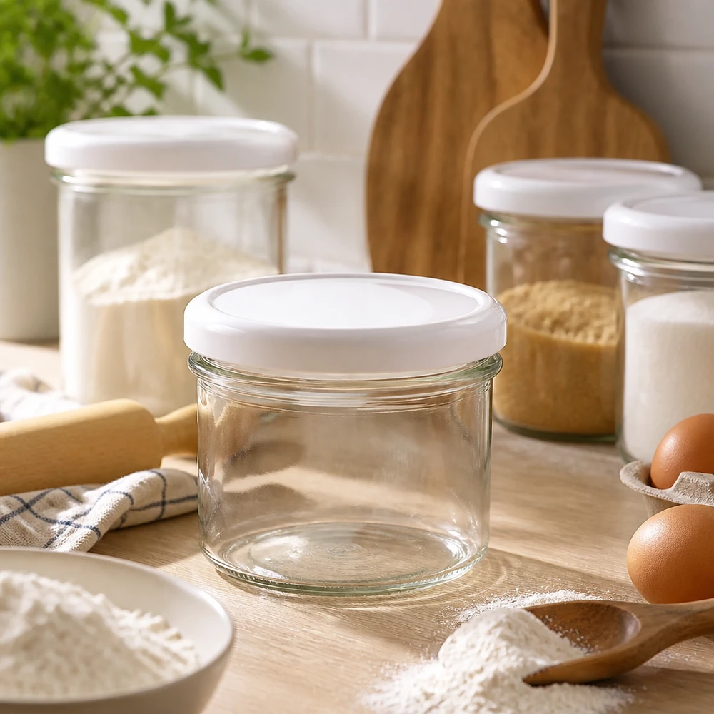 225 ml lege glazen pot met BasicSeal deksel in een moderne keuken tussen voorraadpotten en bakingrediënten