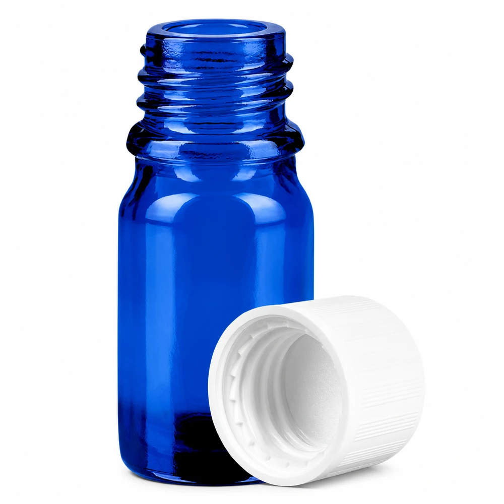 Blauw monsterflesje 5ml met kindveilige deksel, ideaal voor laboratoriumgebruik