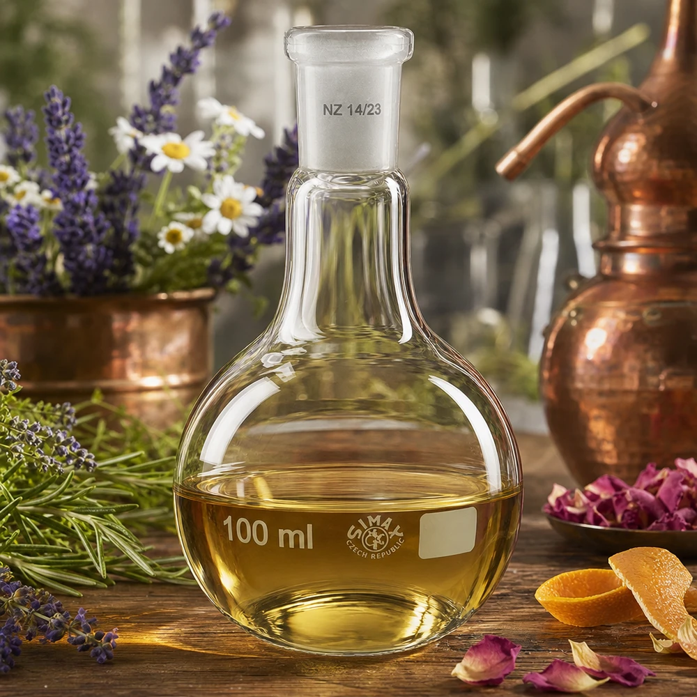 Laboratoriumkolf 100ml met amberkleurige inhoud en precisiegeslepen glas 14/23