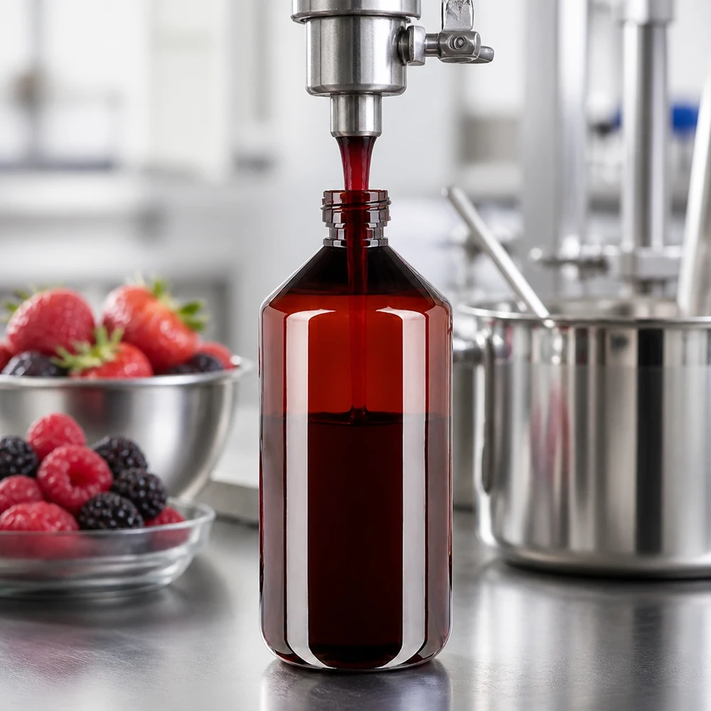 Befüllung einer braunen 1000ml Kunststoffflasche mit dunklem Beerensaft in Edelstahlküche