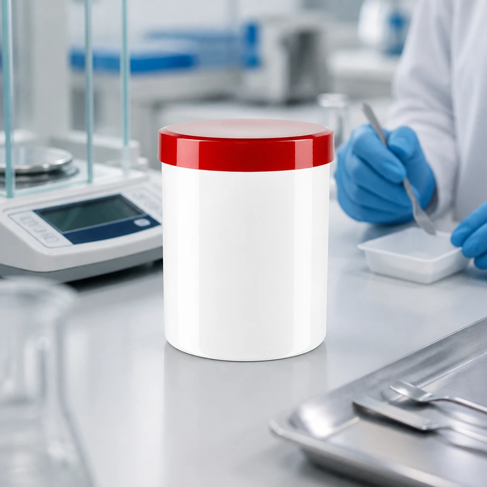 Zalfpot 50 g wit met rood schroefdeksel (PP) Witte PP-verpakking van 50 ml met rode dop voor het hygiënisch bewaren van zalven