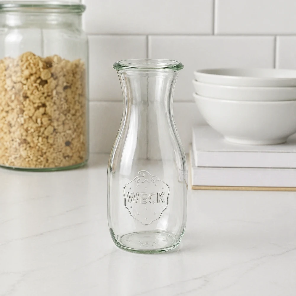 Lege WECK sapfles 530ml RR60 met aardbeien reliëf in moderne witte keuken naast voorraadpotten en schalen