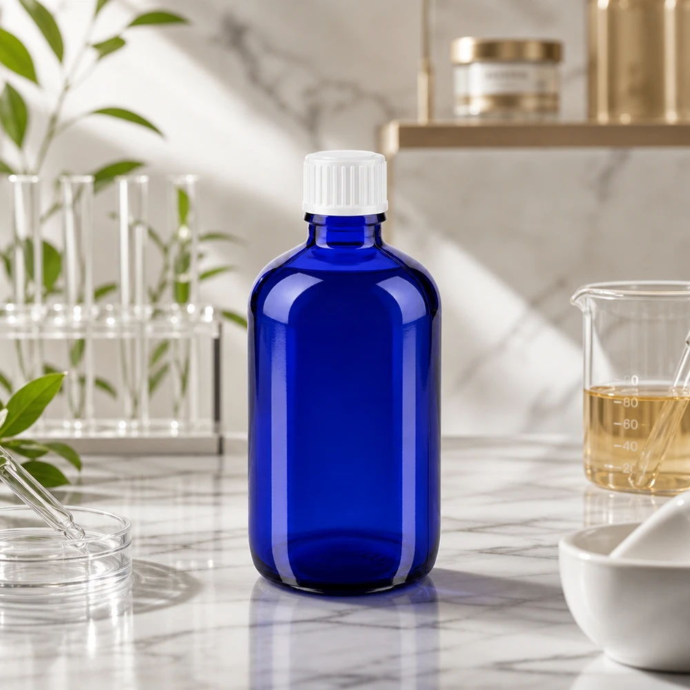 Farmaceutische blauwe glazen fles van 100 ml met standaard witte dop op een marmeren achtergrond