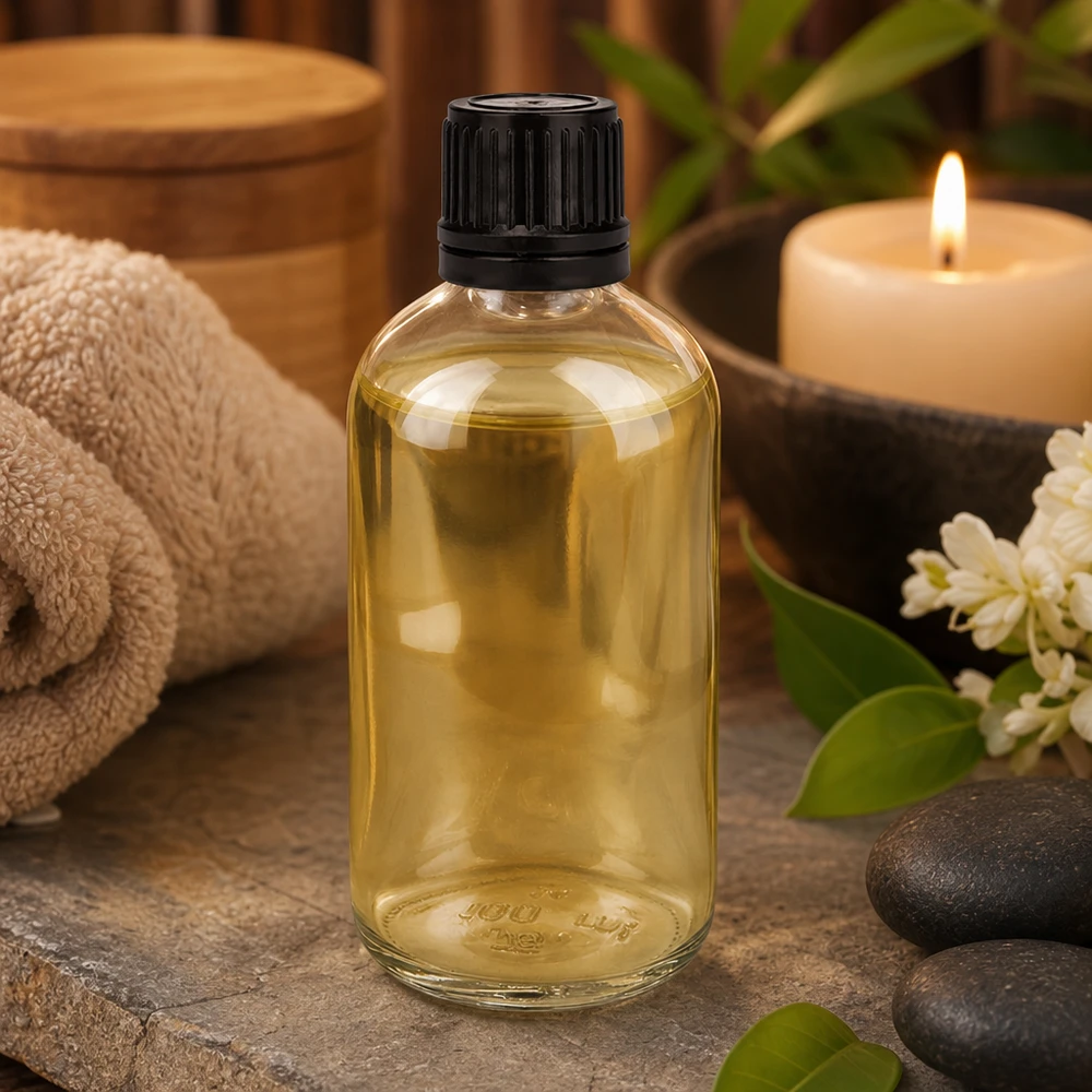 Glazen flesje voor aromatherapie, 100 ml, met standaardschroefdraad en zwarte dop, voor etherische oliën