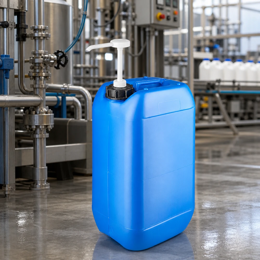 Compacte rechthoekige voorraadkan van 15 liter met geïntegreerde doseerpomp en draaggreep