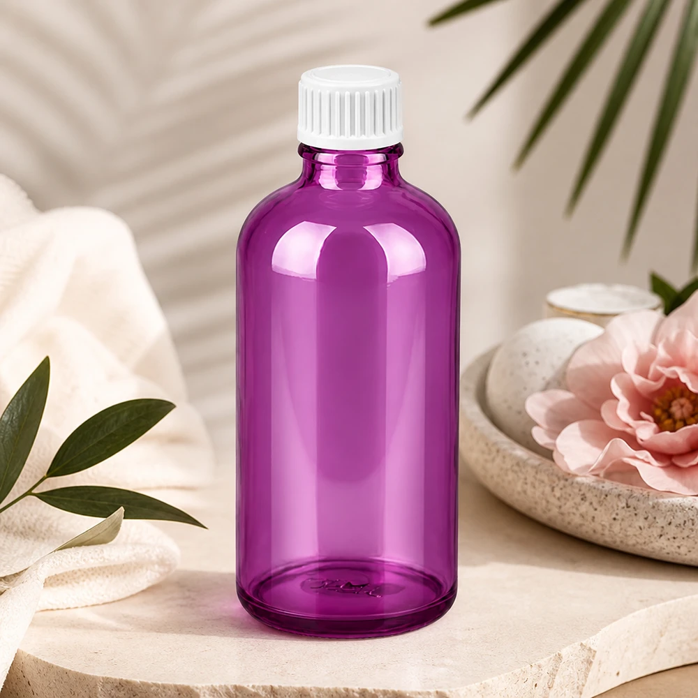 100ml (bol)fles 3mm schenkring wit Standaard PurpleLine. UT18/100 Klein paars glazen flesje van 100 ml met praktische schroefdop voor mobiel gebruik