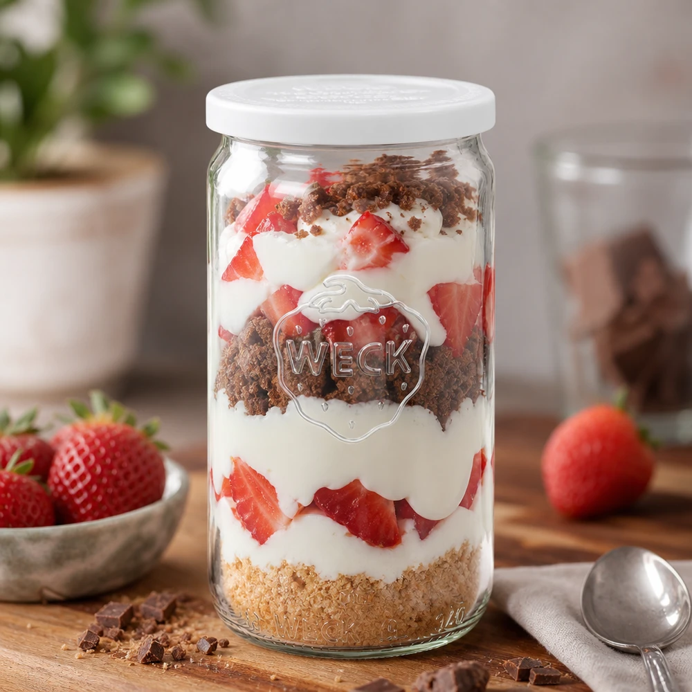WECK cilinder pot 340ml als dessert pot met aardbeien en room gelaagde dessert decoratief gerangschikt