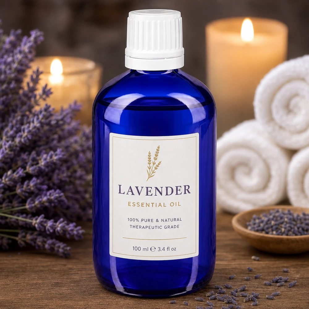 Blauwe glazen fles van 20 ml met een witte druppeldop op een houten ondergrond met lavendelversiering