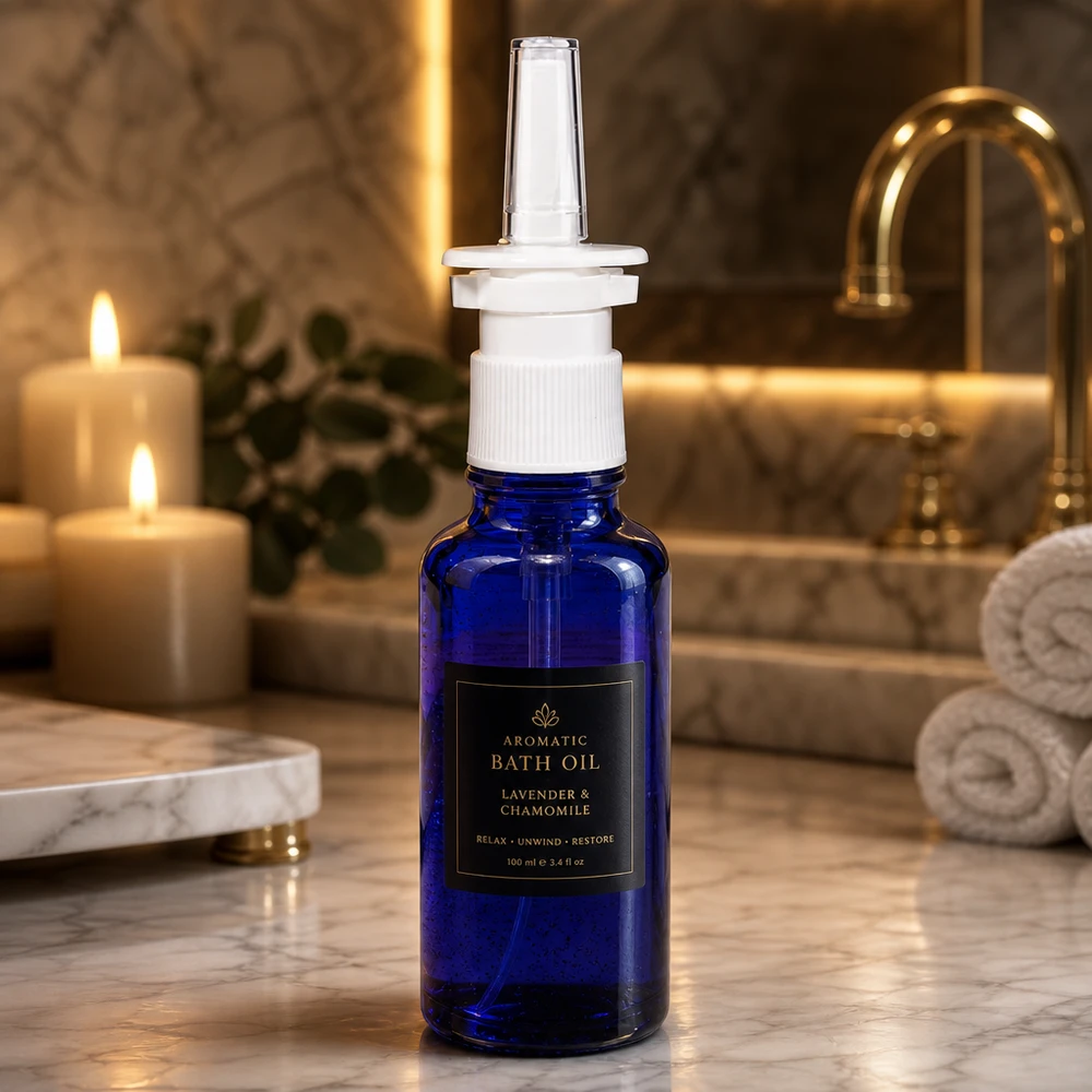 Blauwe apothekersglazen spuitfles van 30 ml voor neusspray met doorzichtige doseertip