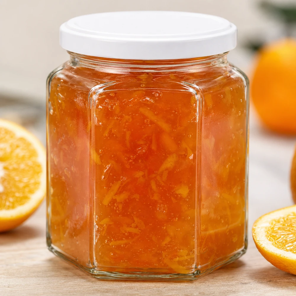 Zeshoekige honingpot van 400 g gevuld met sinaasappelmarmelade toont de kwaliteit van de pot en de afdichting van het deksel in detail
