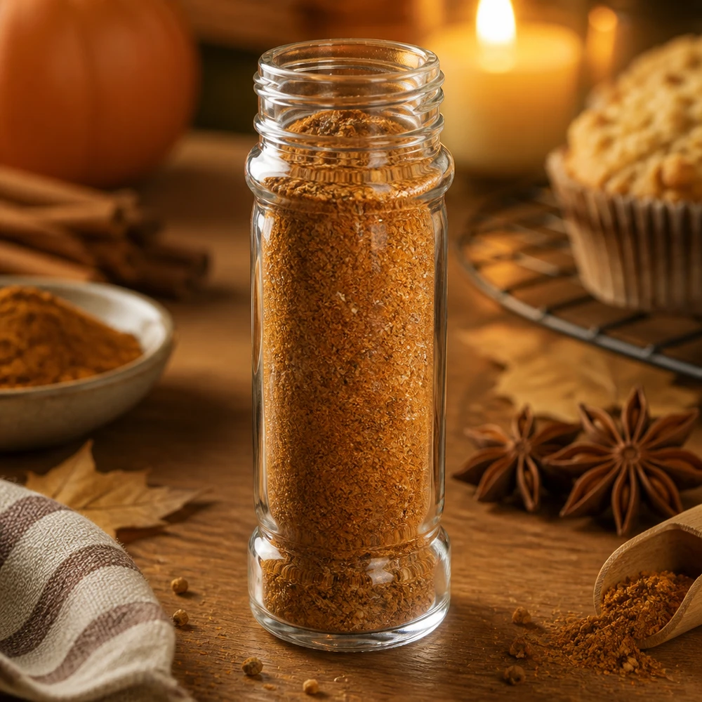Specerijenglas, cilindervorm 100 ml met 41 mm schroefdraad, helder glas, zonder sluiting Doorzichtig zoutglas ‘Mary’ van 100 ml met goudbruin kruidenpoeder op een rustieke houten tafel
