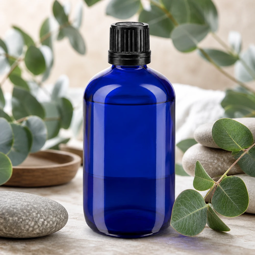 Blauwe glazen flessen 100ml met zwart schroefsluiting uitgietring VR 100 ml ApoGlas blauw met originele zwarte dop, ideaal voor etherische oliën en aromatherapie